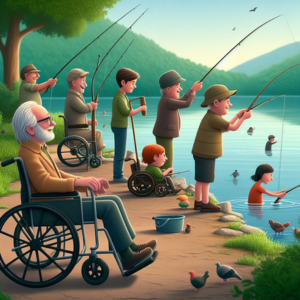 obrazek przedstawiający ludzi łowiących ryby nad wodą