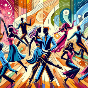 obrazek w stylu abstrakcyjnym przedstawiający zawody taneczne