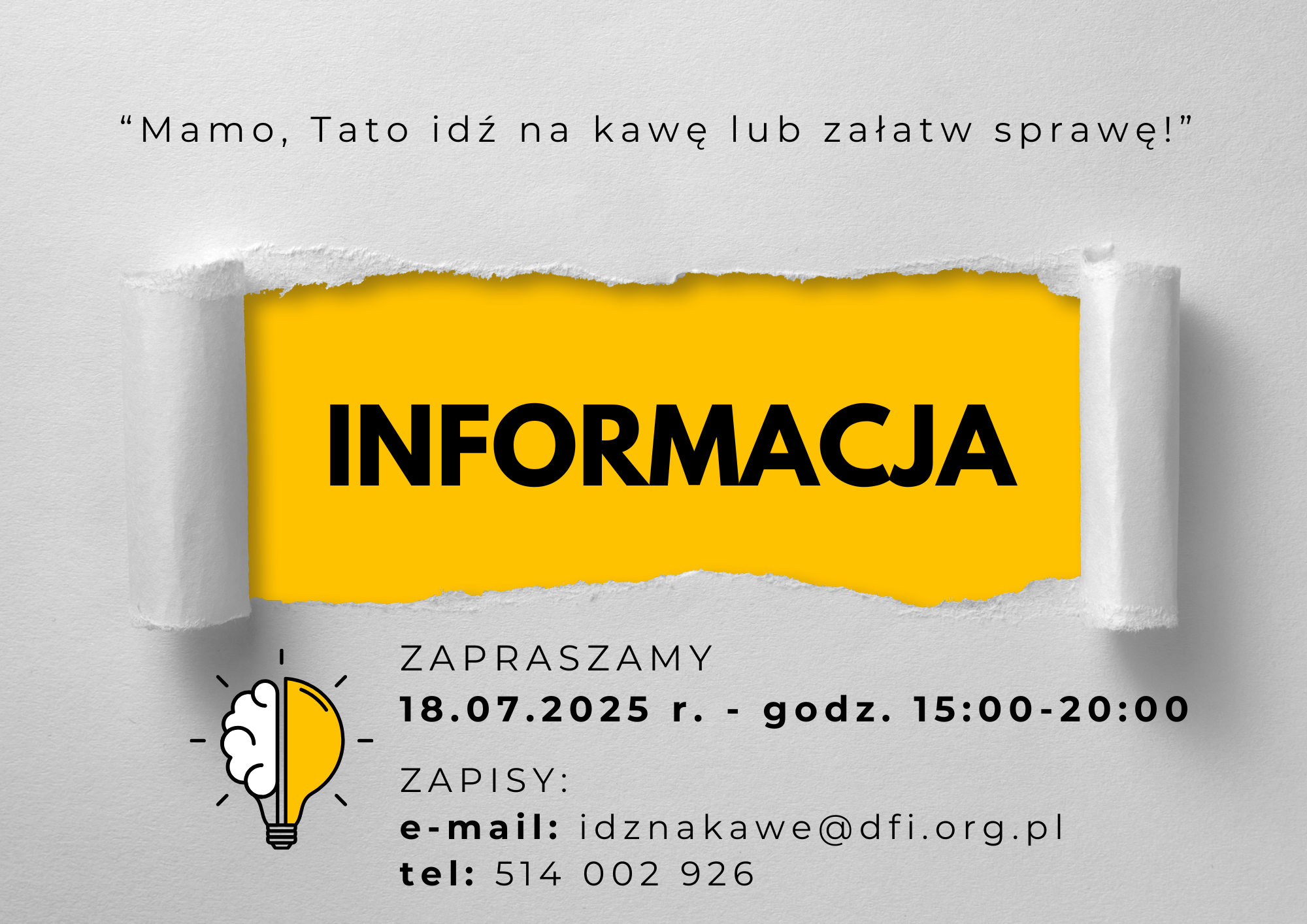 Ruszamy z zapisami na kolejne spotkanie w ramach projektu „Mamo, Tato – idź na kawę lub załatw sprawę”! Jeśli szukasz bezpiecznego, kreatywnego miejsca, w którym Twoje dziecko, bliski lub podopieczny z niepełnosprawnością może ciekawie spędzić czas – to właśnie dla Was. W tym czasie Ty możesz spokojnie odpocząć, załatwić sprawy lub po prostu napić się kawy. Zapraszamy do lokalu Stowarzyszenia orzy ulicy Ruskiej 62-63 we Wrocławiu. Już 18 lipca 2025 r. w godzinach od 15:00 do 20:00. Obowiązuje formularz zgłoszeniowy - do pobrania ze strony www, oraz orzeczenie o niepełnosprawności.