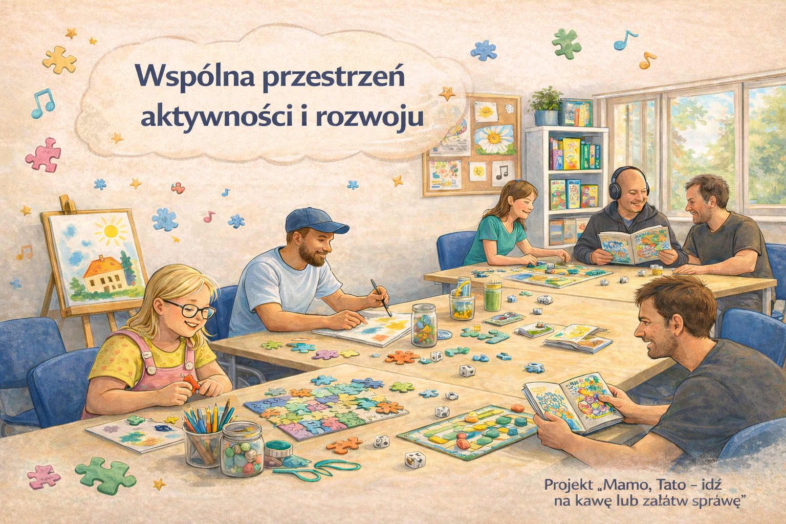 Artykuł opisuje początki rozpoczętego projektu mamo tato idź na kawę lub załatw sprawę. Na koloryzownym obrazku widać uczestników, którzy układają puzzle, malują, czytają itd.